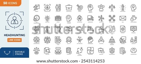 Headhunting line editable icon set. Recruitment icon. set Included the icons as Job Interview, Career Path, Resume, Job hiring, Candidate and Human resource icons.	
