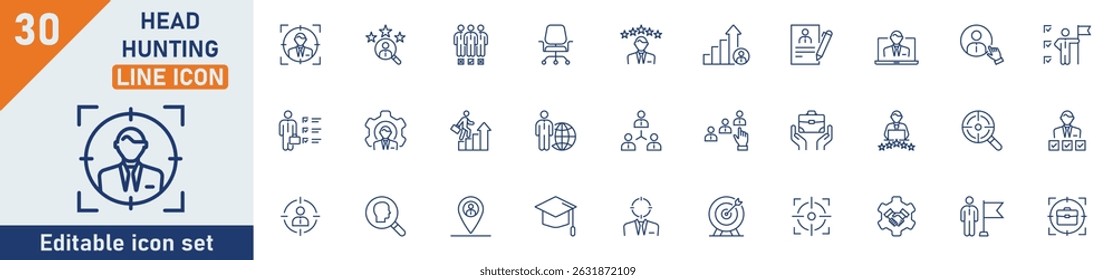 Headhunting line icon set. Set of 30 outline icons related to recruitment, job interview, human resources, headhunting, candidate, job hiring and others. Editable stroke. Vector illustration.