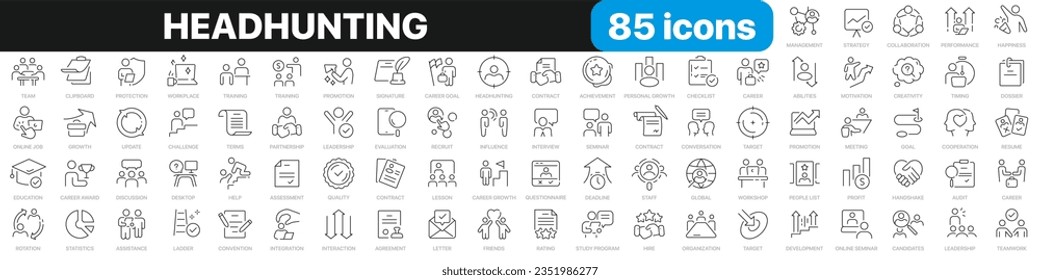 Headhunting line icons collection. Teamwork, contract, resume, career, audit icons. UI icon set. Thin outline icons pack. Vector illustration EPS10