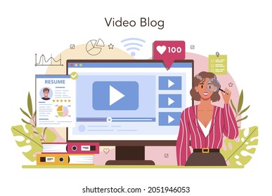 Headhunting online service or platform. Idea of business recruitment and human resources management. Interviewing a job candidate. Video blog. Flat vector illustration