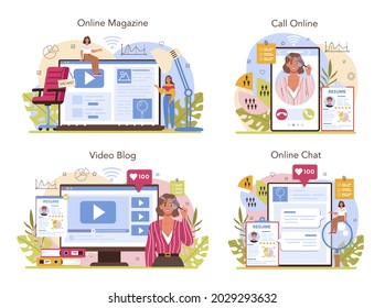 Headhunting online service or platform set. Idea of business recruitment and human resources management. Interviewing a job candidate. Online chat, call, magazine, video blog. Flat vector illustration