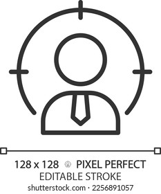 Icono lineal perfecto del píxel de búsqueda en la cabeza. Servicio de búsqueda de ejecutivos. Recursos humanos. Contratación de empleados calificados. Ilustración de línea delgada. Símbolo de contorno. Dibujo del contorno del vector. Trazo editable