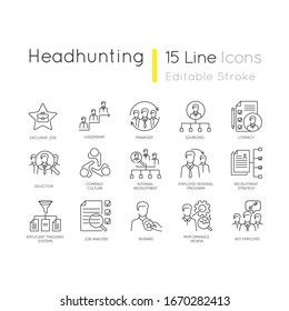Headhunting pixel perfect linear icons set. Human resources management, corporate recruitment, employment customizable thin line contour symbols. Isolated vector outline illustrations. Editable stroke