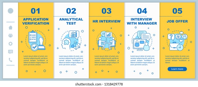 Headhunting process onboarding mobile web pages vector template. Getting job. Recruitment. Responsive smartphone website interface with linear icons. Webpage walkthrough step screens. Color concept