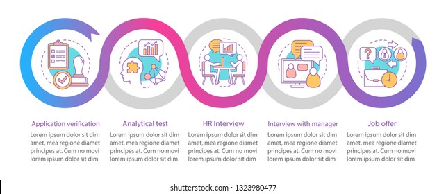 Headhunting process vector infographic template. Getting job. Recruitment. Data visualization with five steps and options. Process timeline chart. Workflow layout with icons