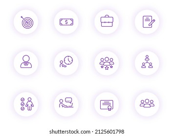headhunting purple color outline vector icons on light round buttons with purple shadow. headhunting icon set for web, mobile apps, ui design and print