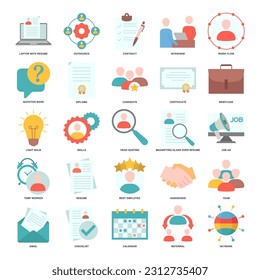 Los elementos de búsqueda y contratación establecen la plantilla de símbolo de icono para la colección de diseño gráfico y web. Reanudar, Habilidades, certificado, Equipo, Red y más ilustración vectorial de logotipo