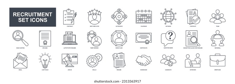 Headhunting And Recruiting elements set icon symbol template for graphic and web design collection. Resume, Skills, certificate, Team, Network and more logo vector illustration