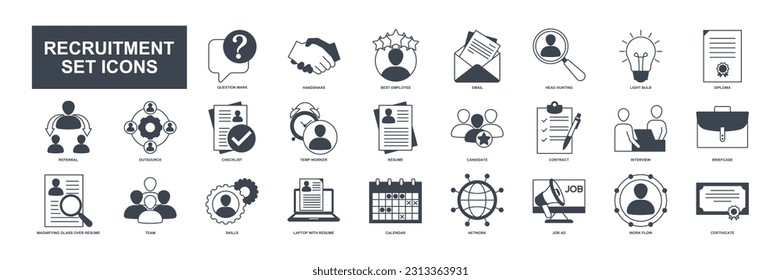Los elementos de búsqueda y contratación establecen la plantilla de símbolo de icono para la colección de diseño gráfico y web. Reanudar, Habilidades, certificado, Equipo, Red y más ilustración vectorial de logotipo