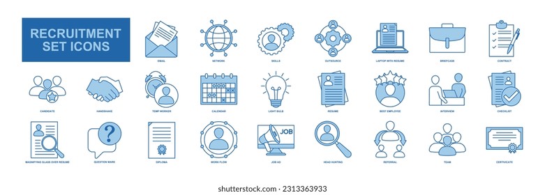 Los elementos de búsqueda y contratación establecen la plantilla de símbolo de icono para la colección de diseño gráfico y web. Reanudar, Habilidades, certificado, Equipo, Red y más ilustración vectorial de logotipo