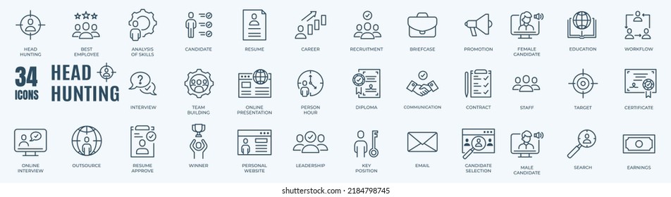 Headhunting And Recruiting minimal thin editable stroke icon set. Included the line icons as Recruitment, Career Goals, Resume or CV and more. Outline icons collection. Simple vector illustration.