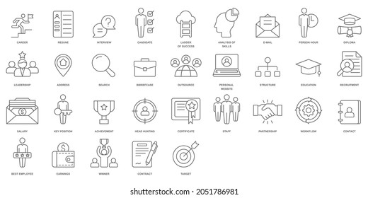 Headhunting And Recruiting minimal thin line and glyph web icon set. Included the icons as Job Interview, Career Path, Resume and more. Outline and glyph icons collection.Simple vector illustration.