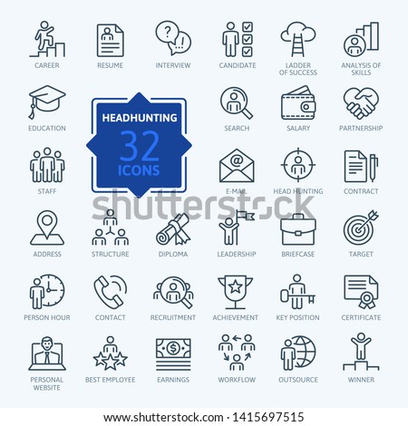 Headhunting And Recruiting minimal thin line web icon set. Included the icons as Job Interview, Career Path, Resume and more. Outline icons collection.
Simple vector illustration.