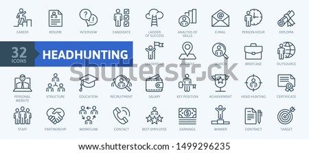 Headhunting And Recruiting minimal thin line web icon set. Included the icons as Job Interview, Career Path, Resume and more. Outline icons collection.Simple vector illustration.