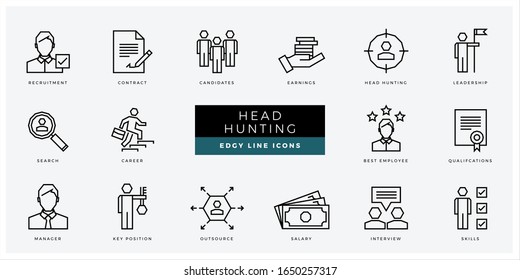 Headhunting and Recruiting set - minimal thin outline, web icon and symbol collection – recruitment, skills, leadership, key employee, career, education. Simple edgy vector illustration.