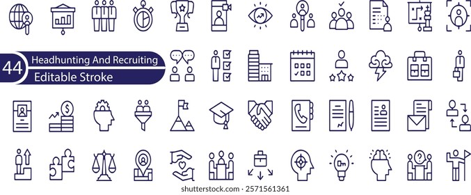 Headhunting And Recruiting set of web icons in line style. Recruitment icons for web and mobile app. Career, resume, job hiring, candidate, HR, business, headhunting, recruitment. Vector illustration