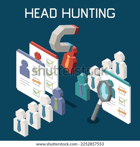 Headhunting recruitment candidate selection process isometric concept with 3d elements on dark background vector illustration
