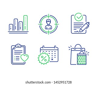 Headhunting, Rfp and Graph chart line icons set. Patient history, Calendar discounts and Shopping bags signs. Person in target, Request for proposal, Growth report. Medical survey. Vector