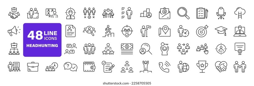 Headhunting set of web icons in line style. Recruitment icons for web and mobile app. Career, resume, job hiring, candidate, HR, business, headhunting, recruitment. Vector illustration