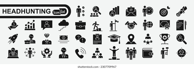 Headhunting set of web icons.  Recruitment icons for web and mobile app. Career, resume, job hiring, candidate, HR, business, headhunting, recruitment. 