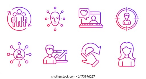 Headhunting, Success business and Networking line icons set. Friends chat, Rotation gesture and Face biometrics signs. Teamwork, Woman symbols. Person in target, Growth chart. People set. Vector