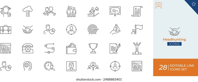 Headhunting Thin Line Icon Set" is a collection of stock illustrations featuring minimalist, outline-style icons related to headhunting.