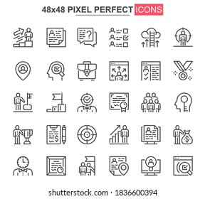 Headhunting thin line icons set. Recruitment and staff hiring unique design icons. Candidates employment, human resource management outline vector bundle. 48x48 pixel perfect linear pictogram pack.