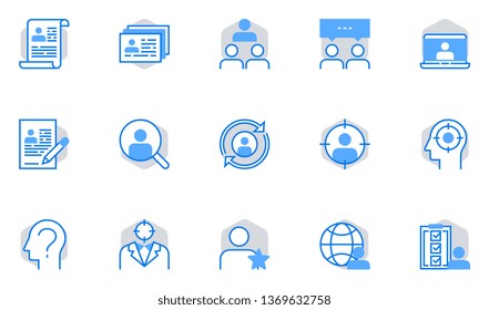 Headhunting Vector Flat Line Icons Set. Resume, Personnel Recruitment, Executive Search, Management Selection. 64x64 Pixel Perfect.