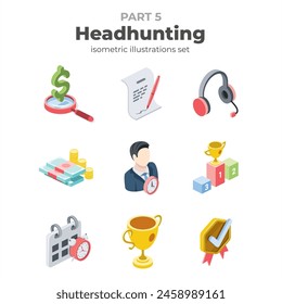 Headhunting. Vector isometric, color web icons, 3d flat style. Creative illustrations design, graphic idea for infographics.