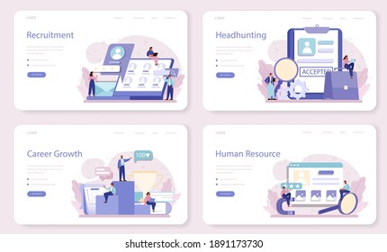 Headhunting web banner or landing page set. Idea of business recruitment and human resources management. HR manager occupation. Flat vector illustration