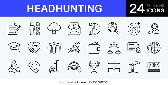 Headhunting web icons set. Head hunting - simple thin line icons collection. Containing job interview, hiring process, candidat, team, Career Path, Resume and more. Simple web icons set