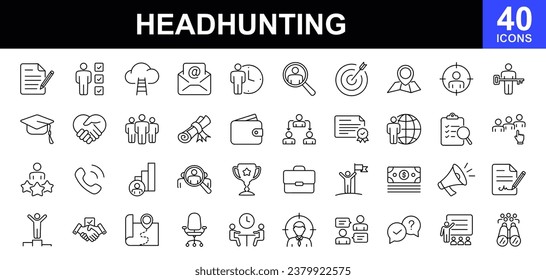 Juego de iconos web de caza de encabezados. Caza de cabezales - colección de iconos de línea delgada simple. Conteniendo entrevista de trabajo, proceso de contratación, candidato, equipo, trayectoria profesional, currículum y más. Conjunto simple de iconos web