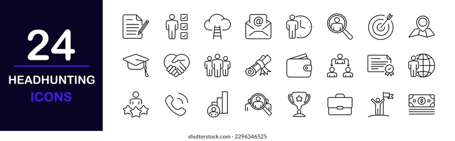 Headhunting web icons set. Headhunting - simple thin line icons collection. Containing job interview, hiring process, candidat, team, Career Path, Resume and more. Simple web icons set