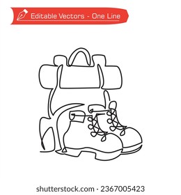Heading to camp icon premium. Simple line drawing of backpacks and boots or jungle camping equipment. Vector illustration of backpack and jungle shoes. Pair of shoes in front of right facing right.