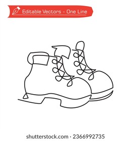 Zu Zeltmarken-Symbolprämie. Eine durchgängige Zeichnung von Sportschuhen für Camping oder Bergsteigen. 
Vektorgrafik von Paar Schuhen oder Stiefeln.