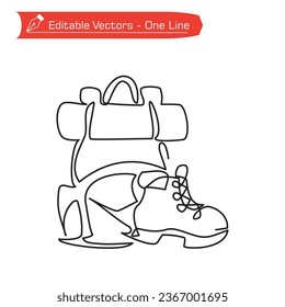Heading to camp line icon premium. One continuous line drawing of backpacks and boots or jungle camping equipment. Vector illustration of backpack and jungle shoes. A shoe in front of bag to right.