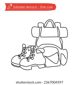 Heading to camp line icon premium. Simple line drawing of backpacks and boots or jungle camping equipment. Vector illustration of backpack and jungle shoes. Pair of shoes in front of left facing left.