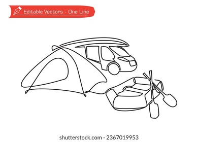 Zu Zeltmarken-Symbolprämie. Eine durchgehende Zeichnung des Caravan Camp, Typ c Zelt und aufblasbare Boote. Vektorgrafik von Bildern von Campingausrüstung und Rafting-Geräten.