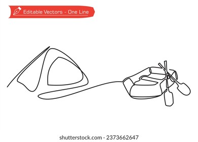 Encabezando a la prima de icono de la línea del campamento. Un plano de línea continua de carpa domo tipo D y botes inflables. Ilustración vectorial de imágenes de equipos de camping y rafting. 