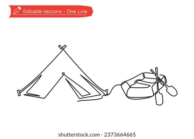 Heading to camp line icon premium. One continuous line drawing of type E tent and inflatable boats. Vector illustration of camping and rafting equipment images. Sketch illustration, background, poster