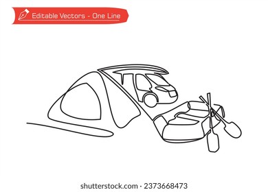 Heading to camp line icon premium. One continuous line drawing of Caravan Camp, dome tent and inflatable boats. Vector illustration of camping and rafting equipment images.
