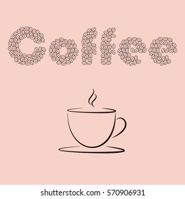 Heading "Coffee".The cup of coffee. Coffee beans