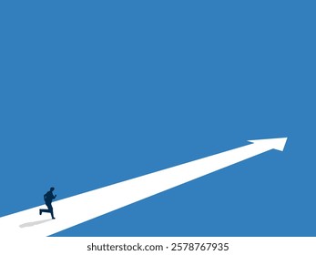 Heading towards career success, Businessman running on a path pointing forward arrow