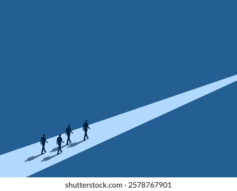 Heading towards success, business team walks a long way