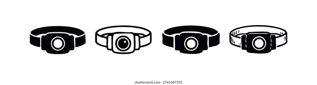 Headlamp Device Icons Set. Outdoor Activity and Adventure Headlight Outline and Solid Vector Illustrations on White Background.