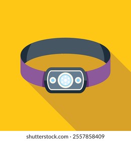 Headlamp flashlight shining, emitting a bright light beam in flat style