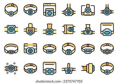 Los iconos de los faros establecen el vector de contorno. Luz flash. Color de la línea delgada de la energía del botón plano en blanco