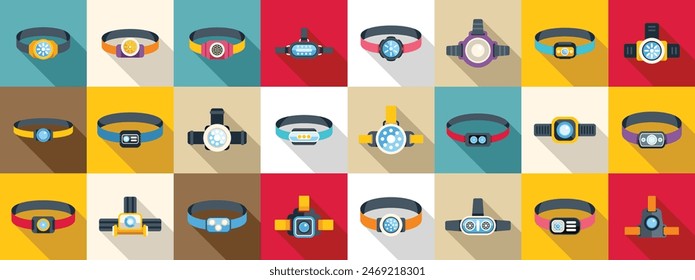 Headlamp icons set vector. A collection of wristbands with different colors and designs. The wristbands are arranged in a grid pattern