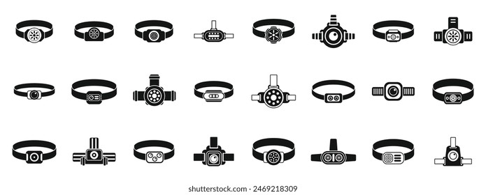 Vector de conjunto de iconos de faro. Una colección de pulseras con varios diseños y colores. Algunas de las pulseras tienen un reloj, mientras que otras tienen una cámara o luz
