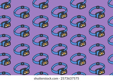 headlamp with strap colorful doodle seamless pattern on purple background. retro LED flashlight background. headlight illustration pattern wallpaper. pattern background with LED headlamp for adventure